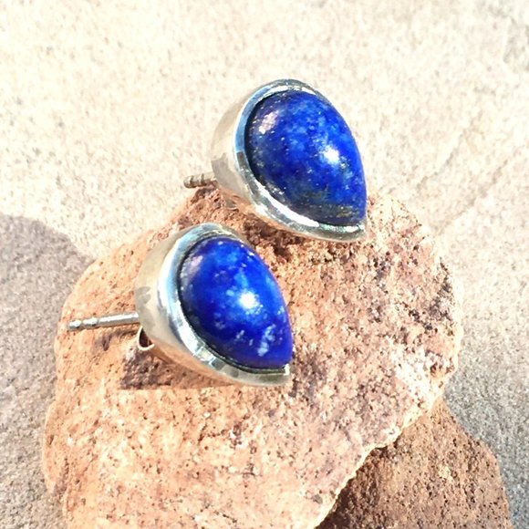 Genuine Lapis Lazuli .925 Stud Earrings Teardrop Pear-Shaped Sterling Silver - Picture 14 of 16